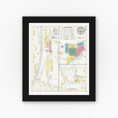 Old map wall art mockup — black gallery frame with white mat — Sanborn Fire Insurance Map from Tunkhannock, Wyoming County, Pennsylvania (1903), Sheet #0001