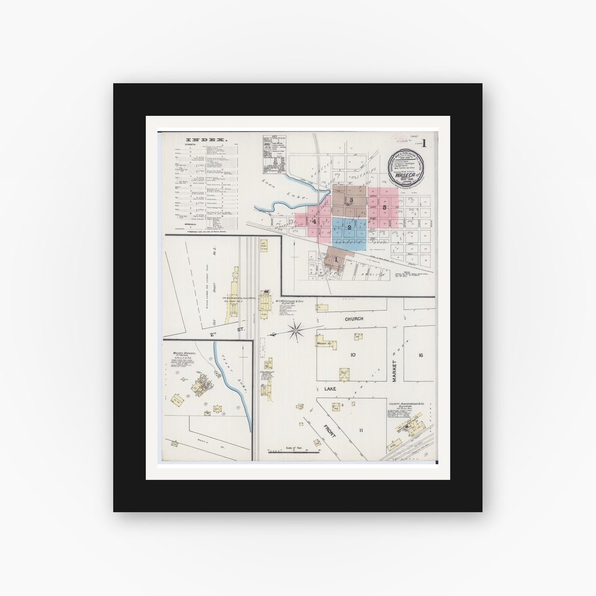 Old map wall art mockup — black gallery frame with white mat — Sanborn Fire Insurance Map from Waseca, Waseca County, Minnesota (1889), Sheet #0001