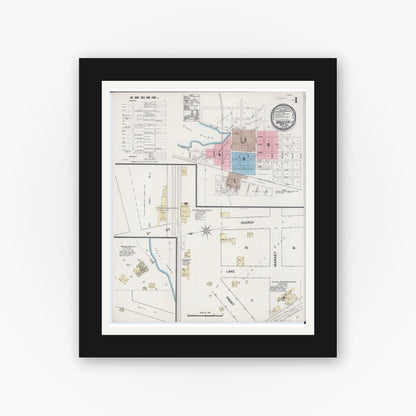 Old map wall art mockup — black gallery frame with white mat — Sanborn Fire Insurance Map from Waseca, Waseca County, Minnesota (1889), Sheet #0001