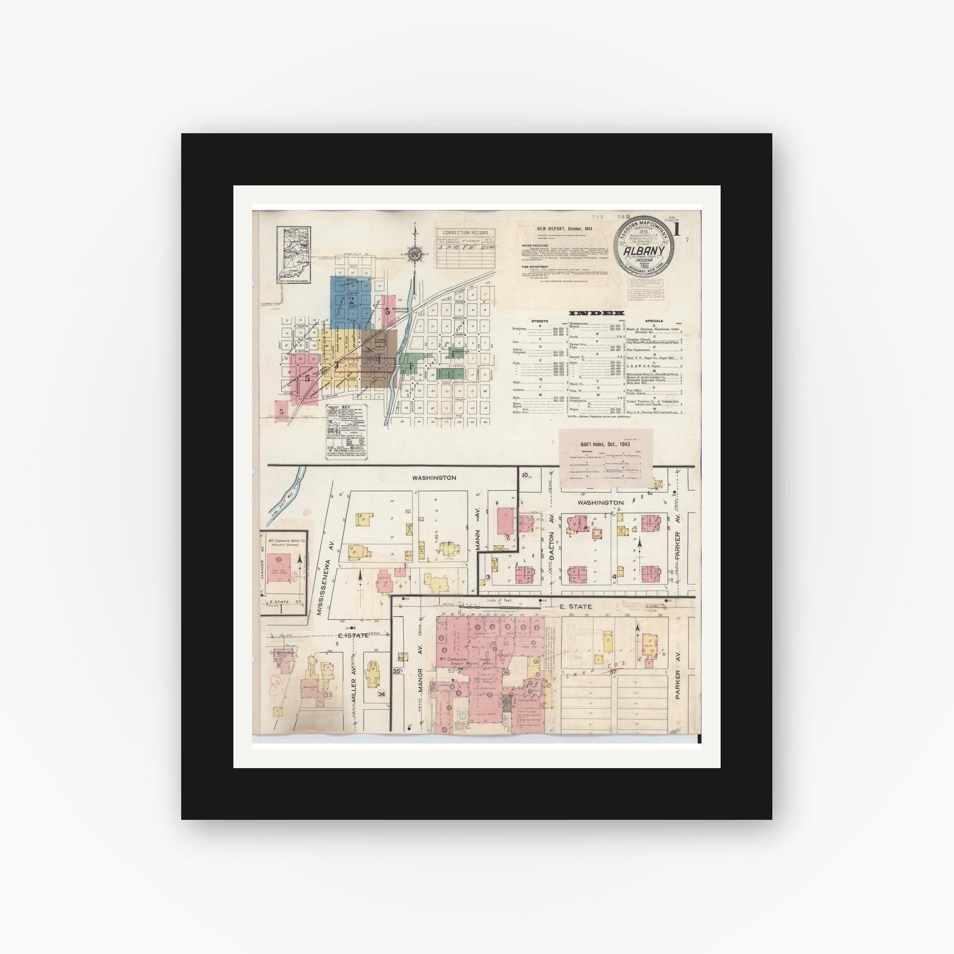 Old map wall art mockup — black gallery frame with white mat — Sanborn Fire Insurance Map from Albany, Delaware County, Indiana (1943), Sheet #0001