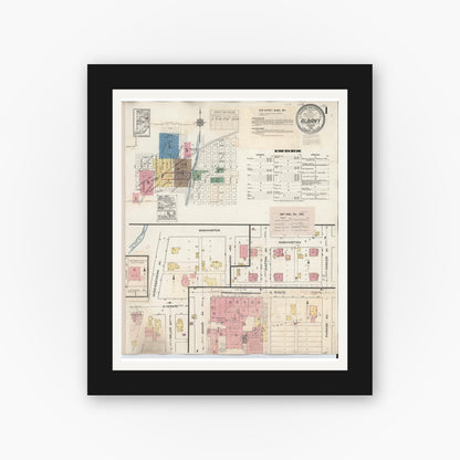 Old map wall art mockup — black gallery frame with white mat — Sanborn Fire Insurance Map from Albany, Delaware County, Indiana (1943), Sheet #0001