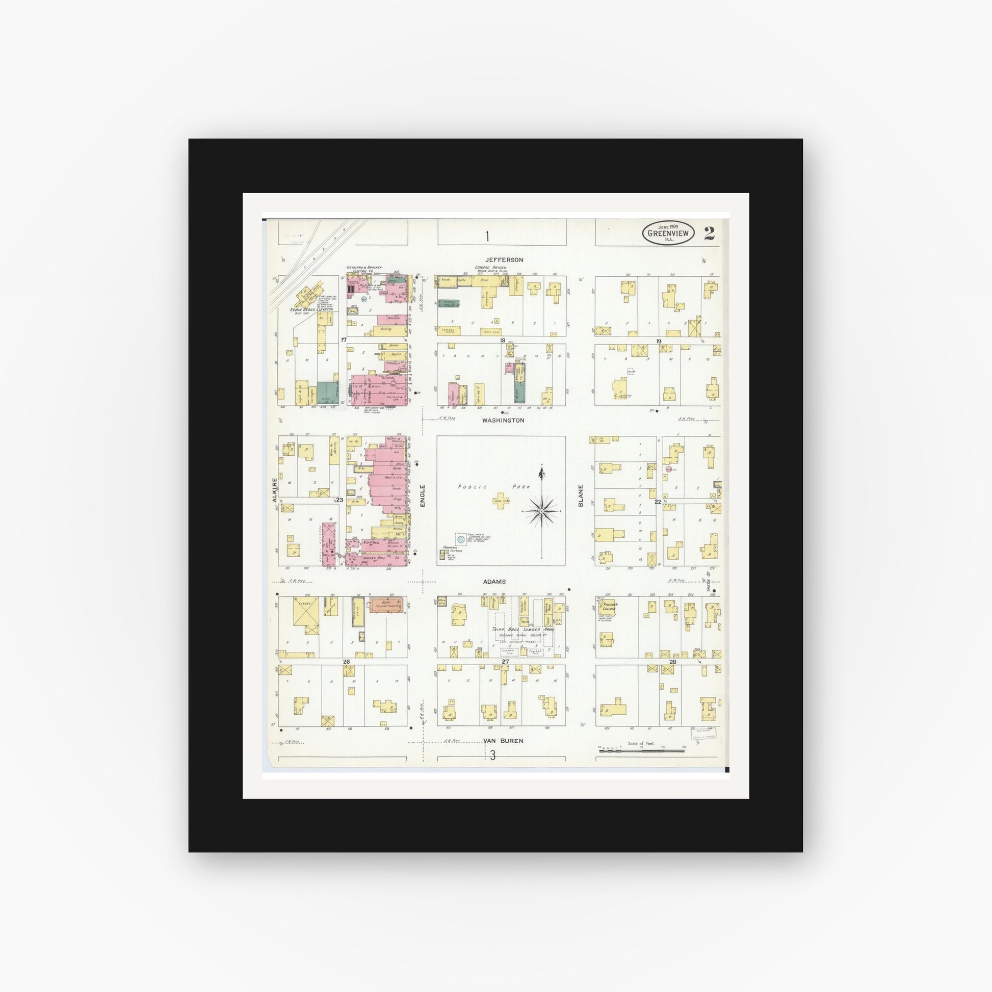 Old map wall art mockup — black gallery frame with white mat — Sanborn Fire Insurance Map from Greenview, Menard County, Illinois (1909), Sheet #0002