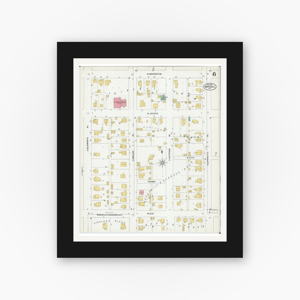 Old map wall art mockup — black gallery frame with white mat — Sanborn Fire Insurance Map from Marshall, Saline County, Missouri (1900), Sheet #0006