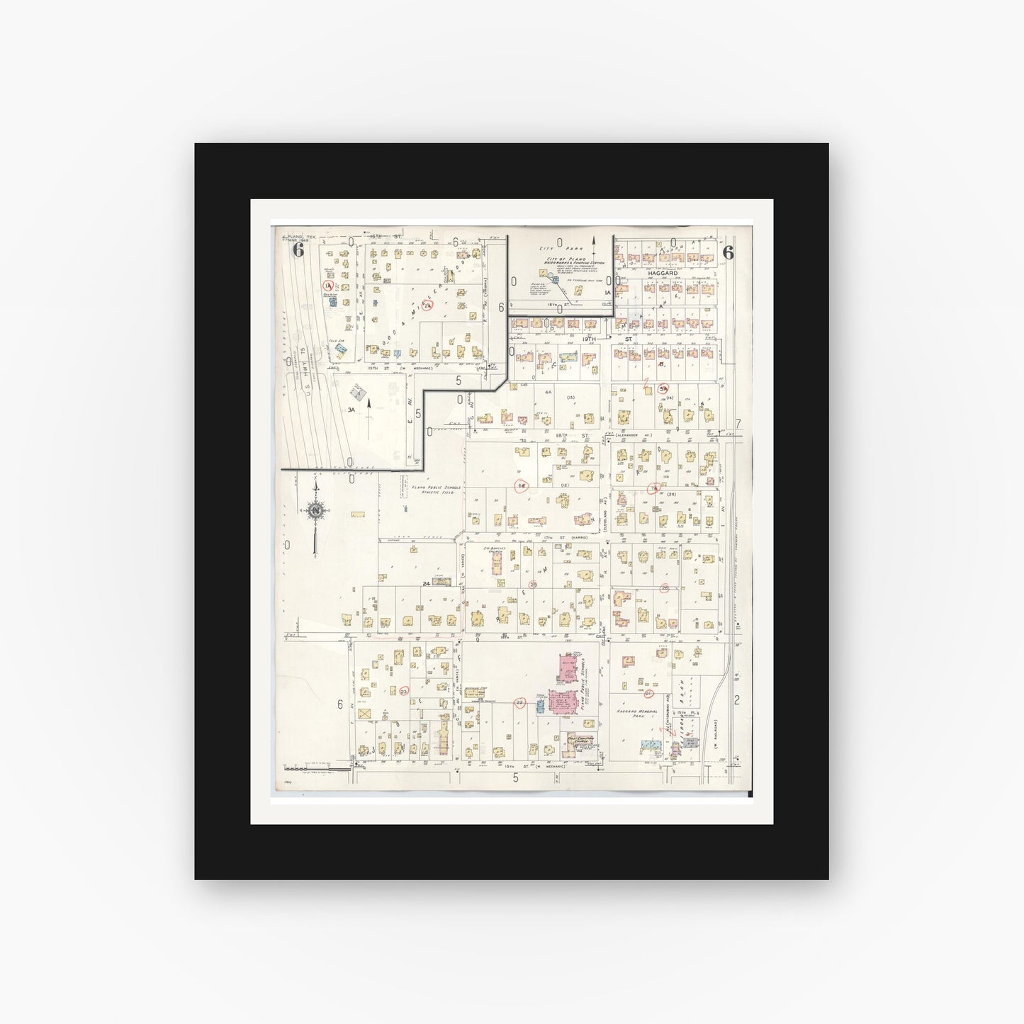 Old map wall art mockup — black gallery frame with white mat — Sanborn Fire Insurance Map from Plano, Collin County, Texas (1961), Sheet #0006