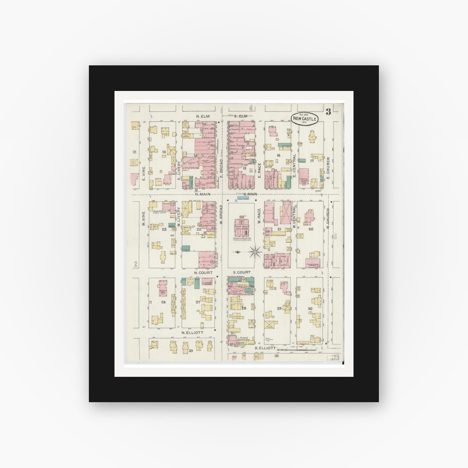 Old map wall art mockup — black gallery frame with white mat — Sanborn Fire Insurance Map from New Castle, Henry County, Indiana (1892), Sheet #0003