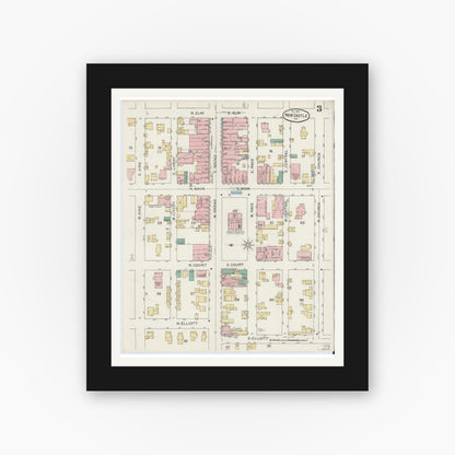 Old map wall art mockup — black gallery frame with white mat — Sanborn Fire Insurance Map from New Castle, Henry County, Indiana (1892), Sheet #0003