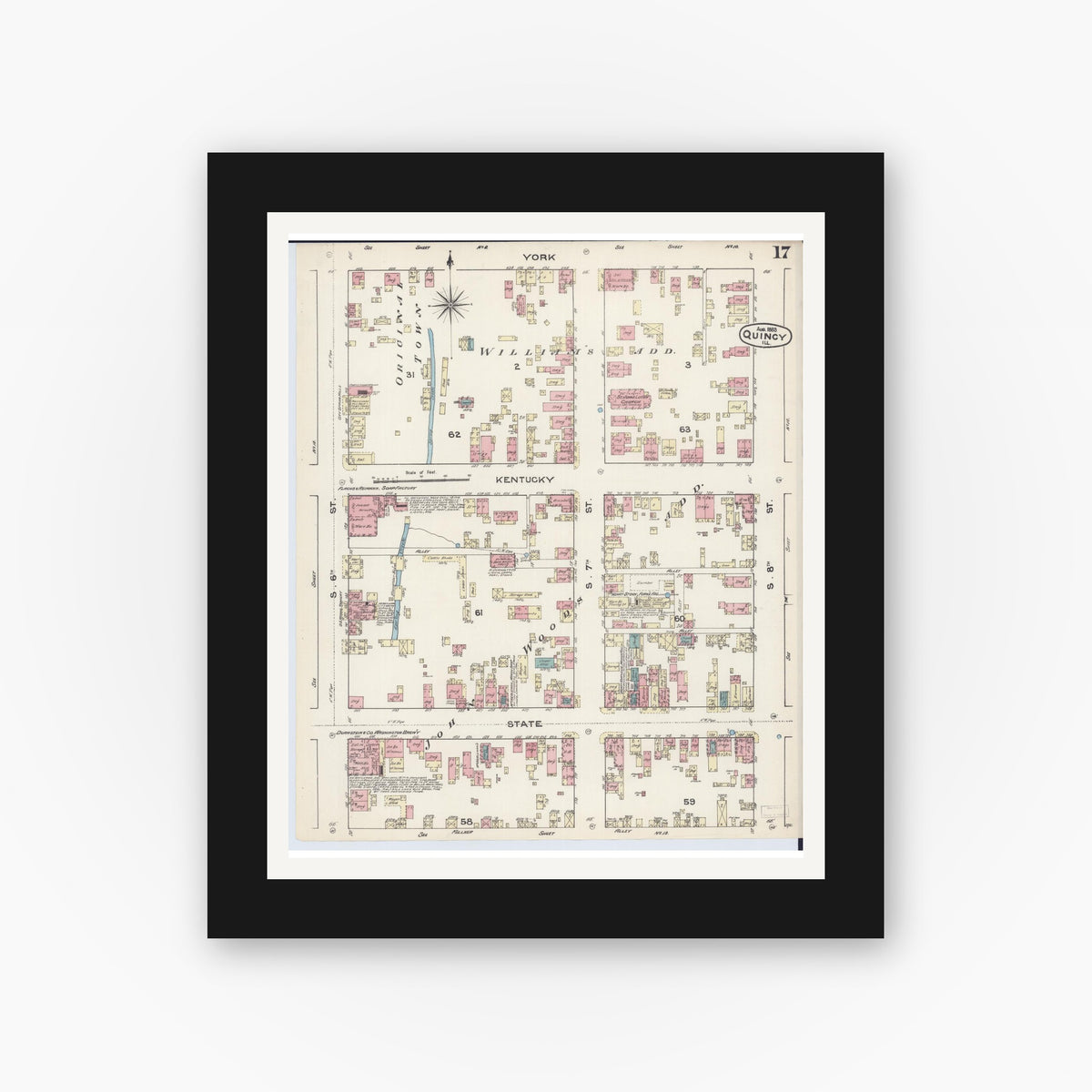 Old map wall art mockup — black gallery frame with white mat — Sanborn Fire Insurance Map from Quincy, Adams County, Illinois (1883), Sheet #0017