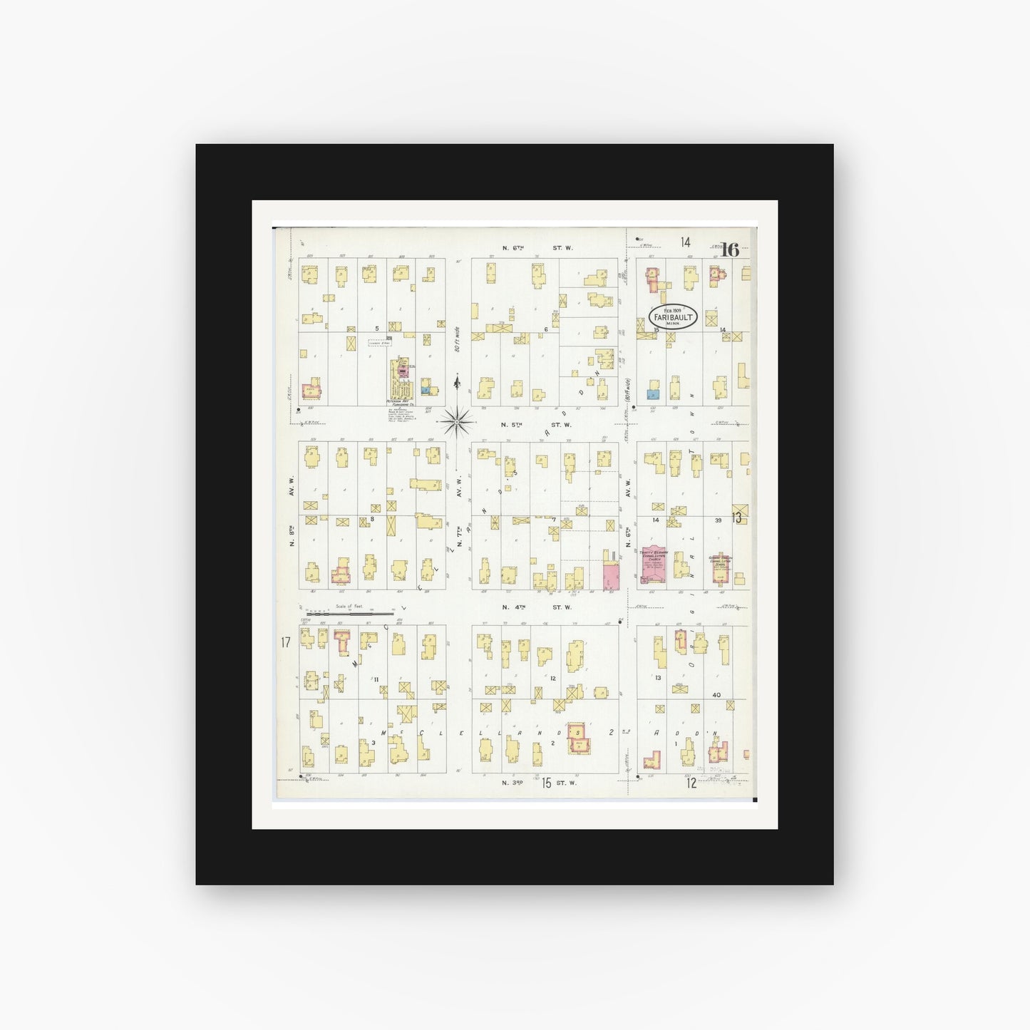 Old map wall art mockup — black gallery frame with white mat — Sanborn Fire Insurance Map from Faribault, Rice County, Minnesota (1909), Sheet #0016