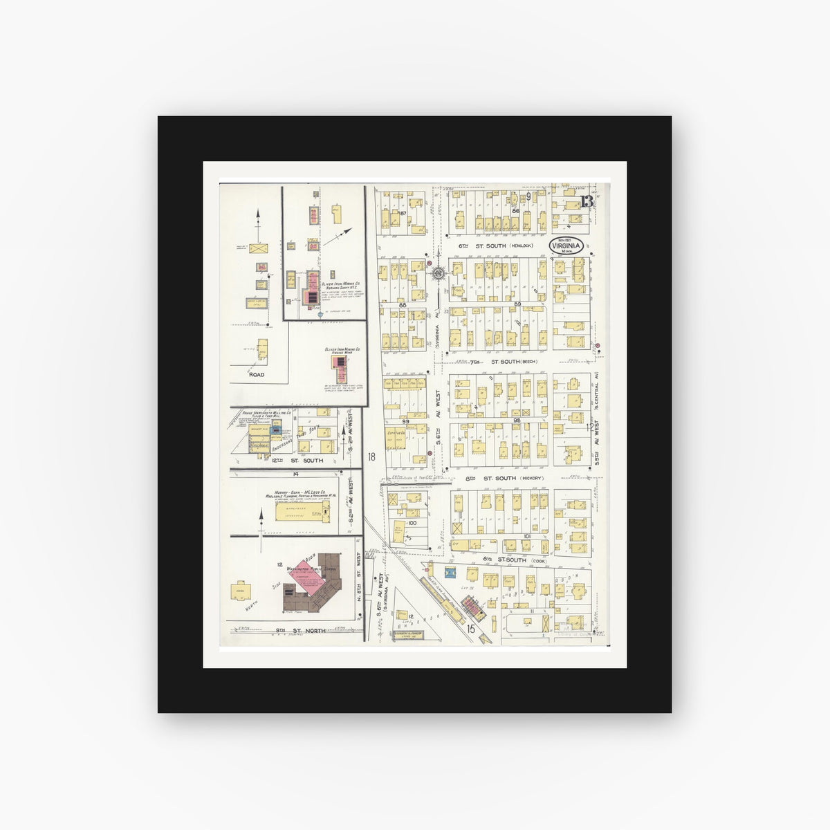 Old map wall art mockup — black gallery frame with white mat — Sanborn Fire Insurance Map from Virginia, Saint Louis County, Minnesota (1921), Sheet #0013