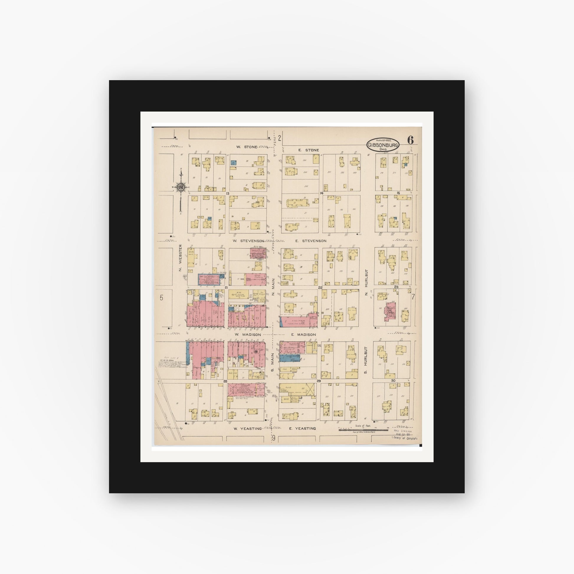 Old map wall art mockup — black gallery frame with white mat — Sanborn Fire Insurance Map from Gibsonburg, Sandusky County, Ohio (1922), Sheet #0006