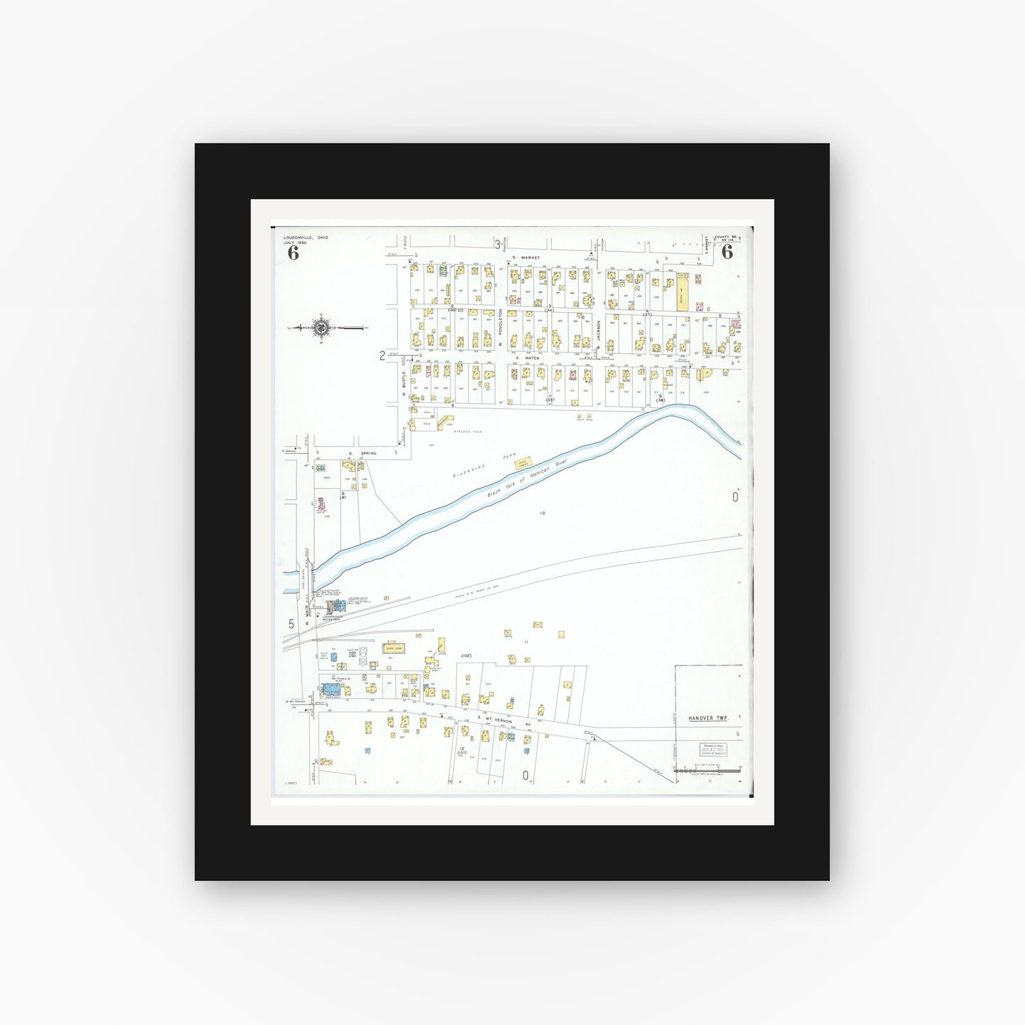 Old map wall art mockup — black gallery frame with white mat — Sanborn Fire Insurance Map from Loudonville, Ashland County, Ohio (1950), Sheet #0006