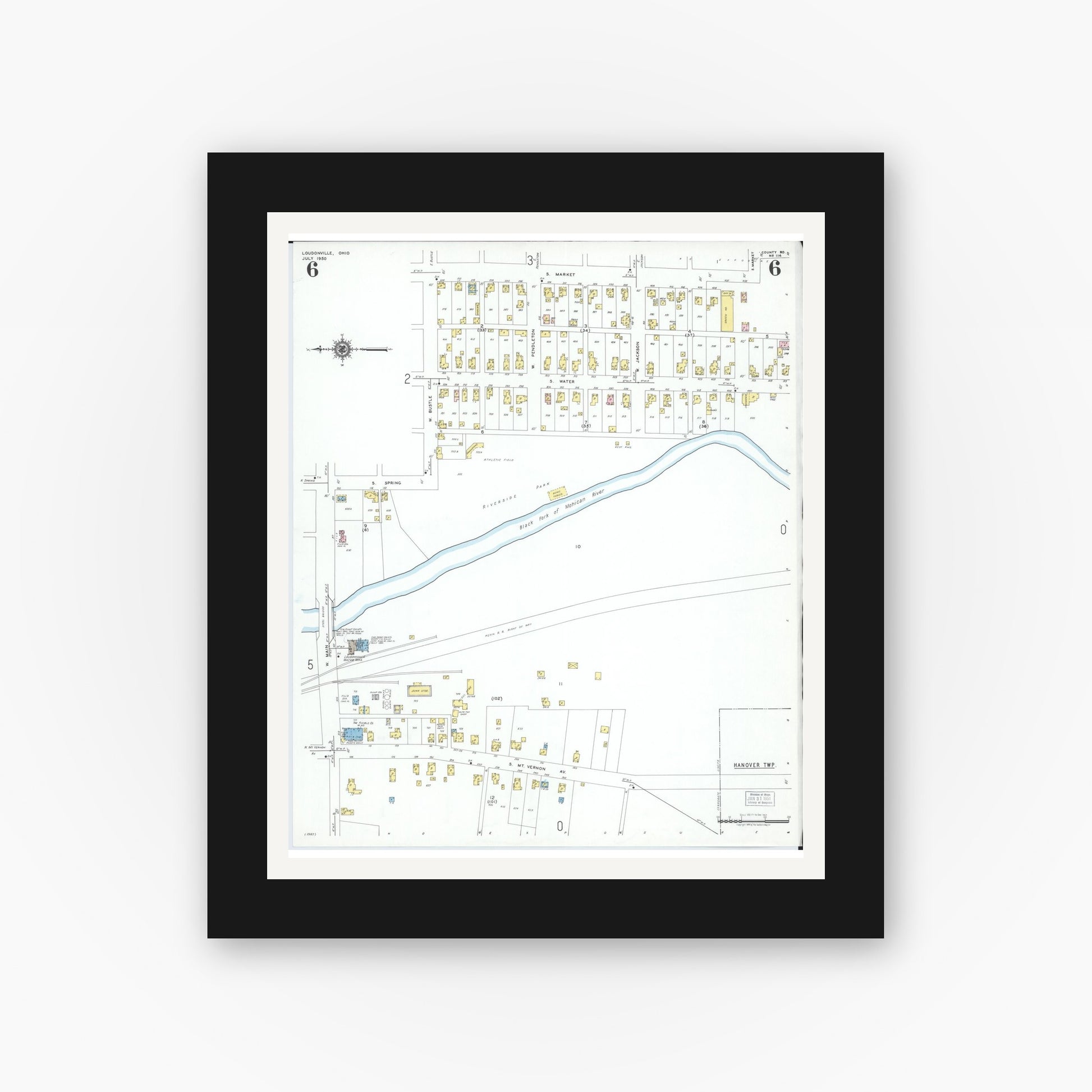 Old map wall art mockup — black gallery frame with white mat — Sanborn Fire Insurance Map from Loudonville, Ashland County, Ohio (1950), Sheet #0006