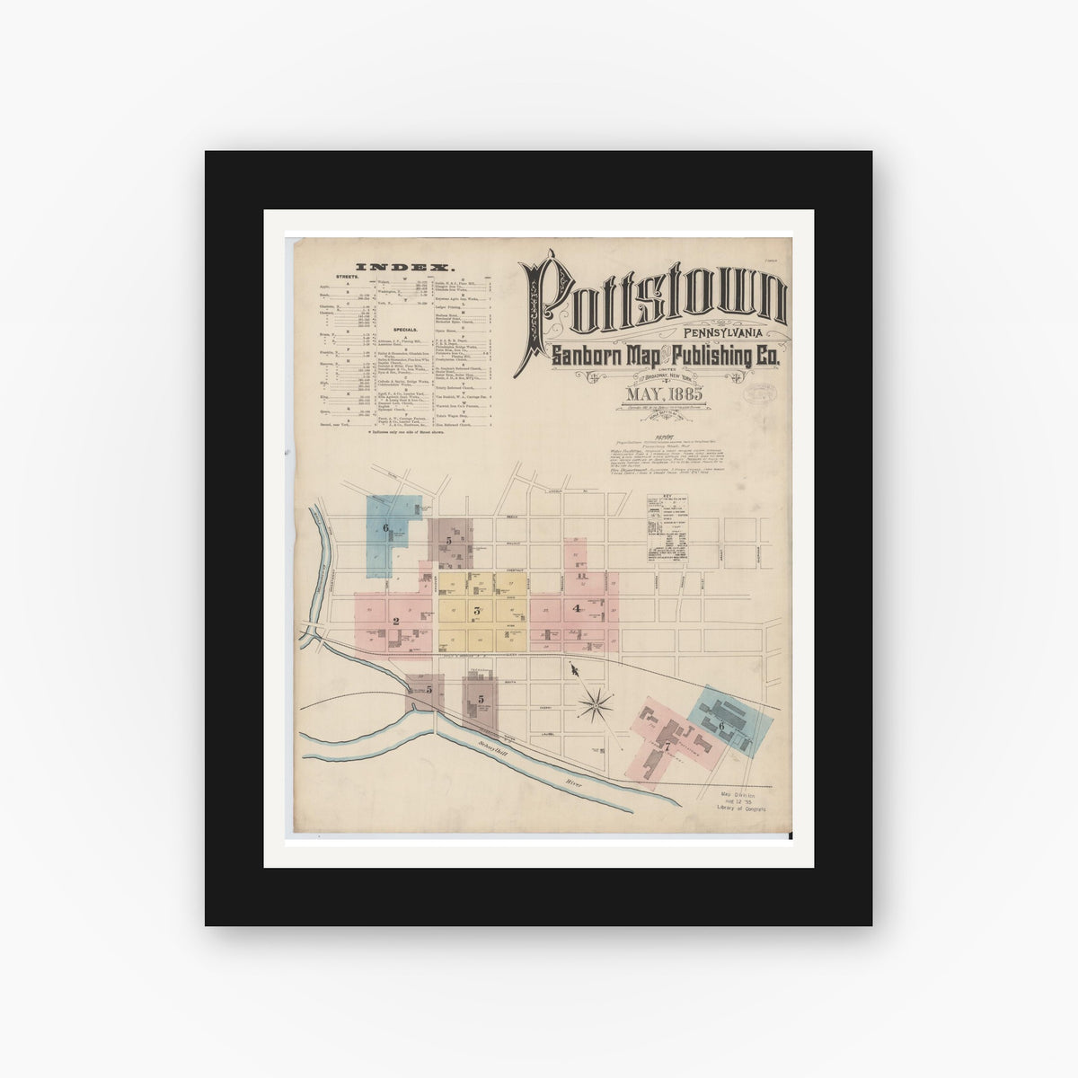 Old map wall art mockup — black gallery frame with white mat — Sanborn Fire Insurance Map from Pottstown, Montgomery County, Pennsylvania (1885), Sheet #0001