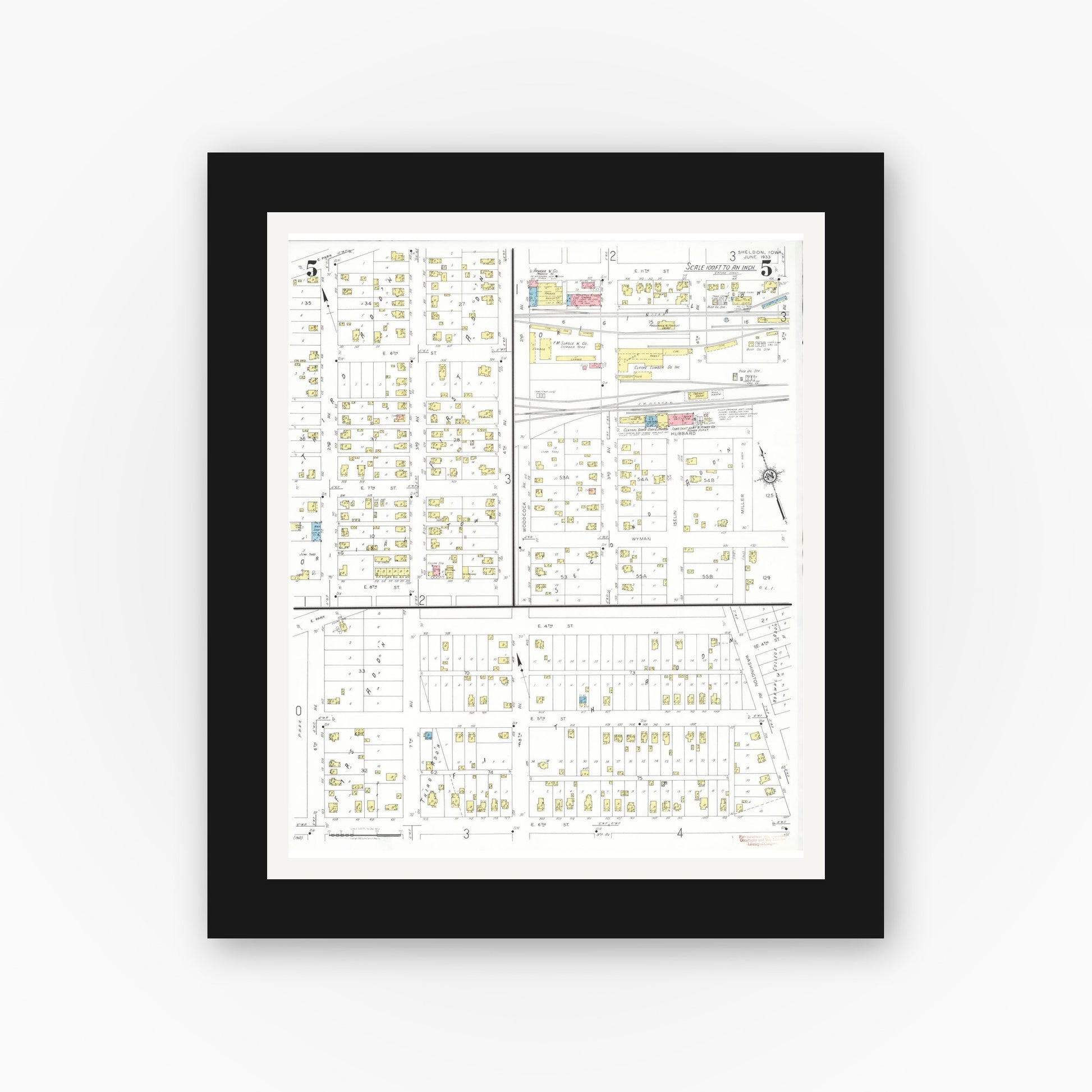 Old map wall art mockup — black gallery frame with white mat — Sanborn Fire Insurance Map from Sheldon, O'Brien County, Iowa (1933), Sheet #0005
