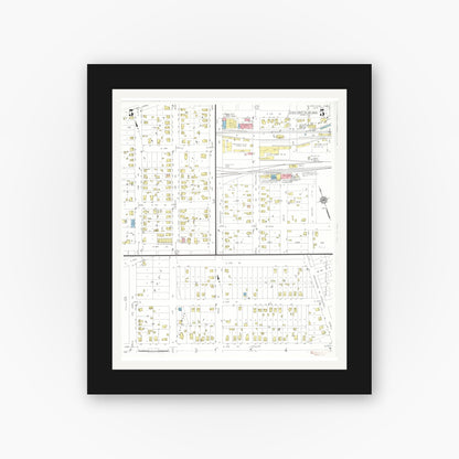 Old map wall art mockup — black gallery frame with white mat — Sanborn Fire Insurance Map from Sheldon, O'Brien County, Iowa (1933), Sheet #0005