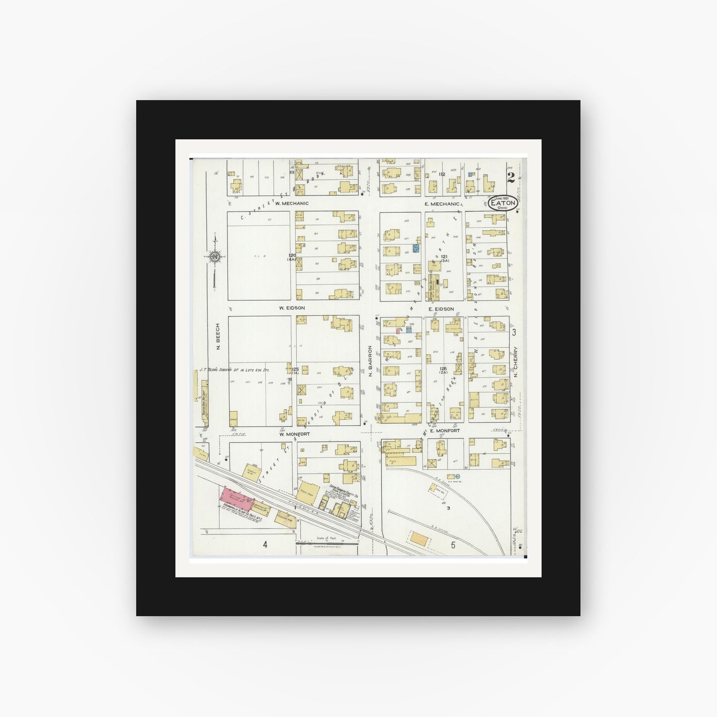 Old map wall art mockup — black gallery frame with white mat — Sanborn Fire Insurance Map from Eaton, Preble County, Ohio (1921), Sheet #0002