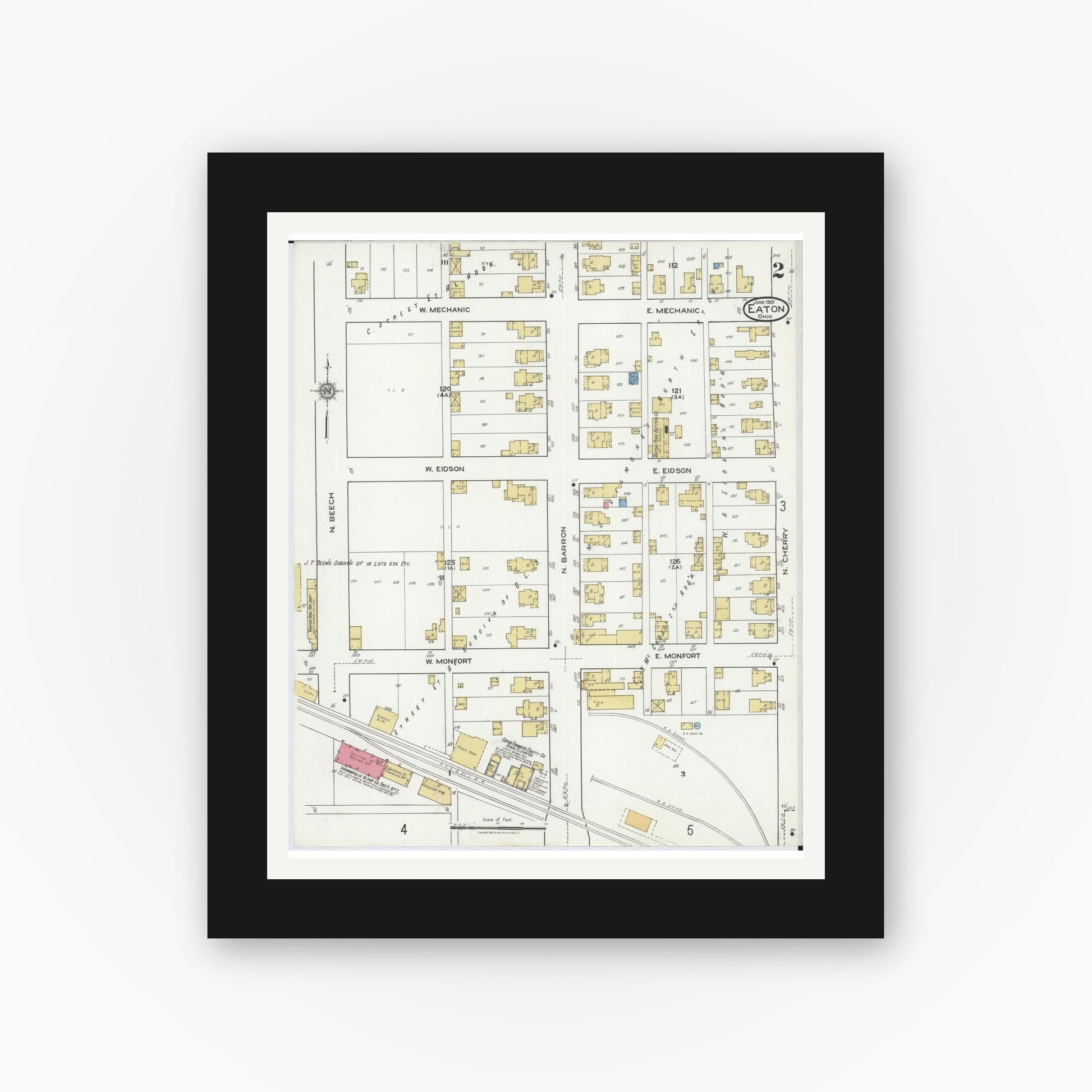 Old map wall art mockup — black gallery frame with white mat — Sanborn Fire Insurance Map from Eaton, Preble County, Ohio (1921), Sheet #0002