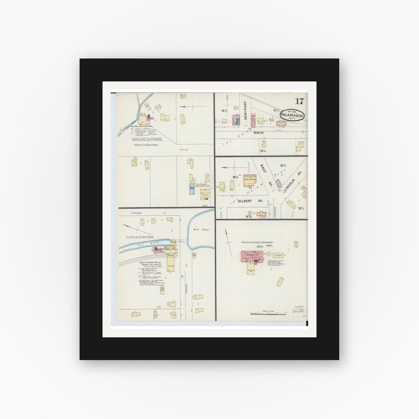Old map wall art mockup — black gallery frame with white mat — Sanborn Fire Insurance Map from Kalamazoo, Kalamazoo County, Michigan (1891), Sheet #0017