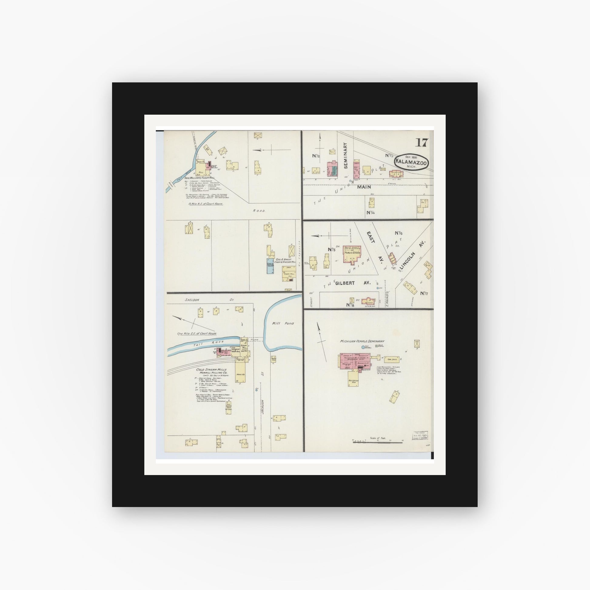 Old map wall art mockup — black gallery frame with white mat — Sanborn Fire Insurance Map from Kalamazoo, Kalamazoo County, Michigan (1891), Sheet #0017