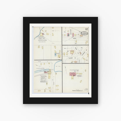 Old map wall art mockup — black gallery frame with white mat — Sanborn Fire Insurance Map from Kalamazoo, Kalamazoo County, Michigan (1891), Sheet #0017