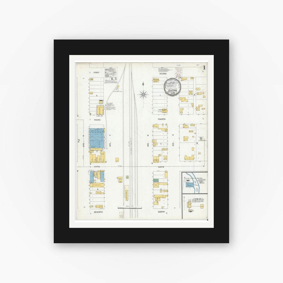 Old map wall art mockup — black gallery frame with white mat — Sanborn Fire Insurance Map from Clifton, Bosque County, Texas (1900), Sheet #0001