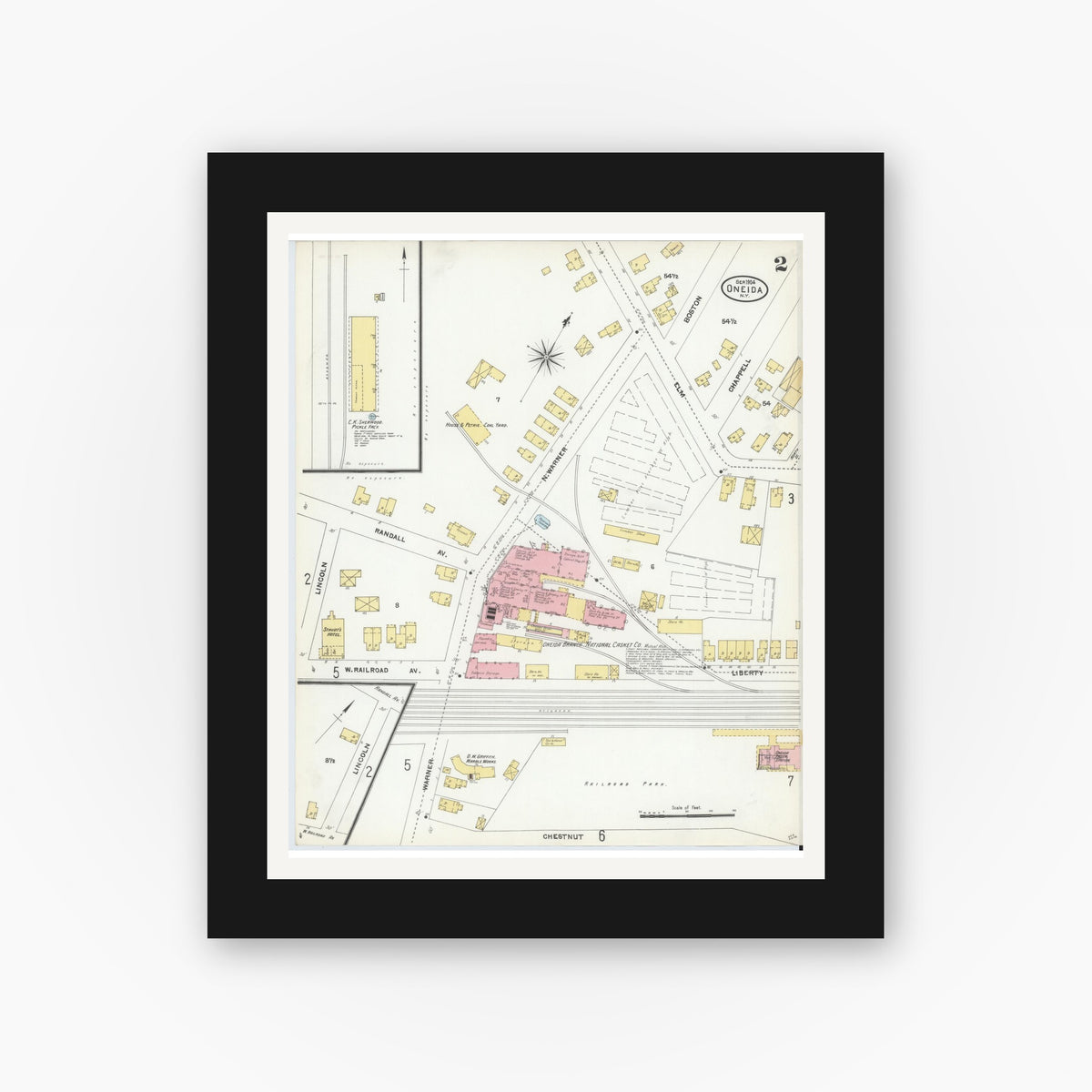Old map wall art mockup — black gallery frame with white mat — Sanborn Fire Insurance Map from Oneida, Madison County, New York (1904) - Complete Map Set