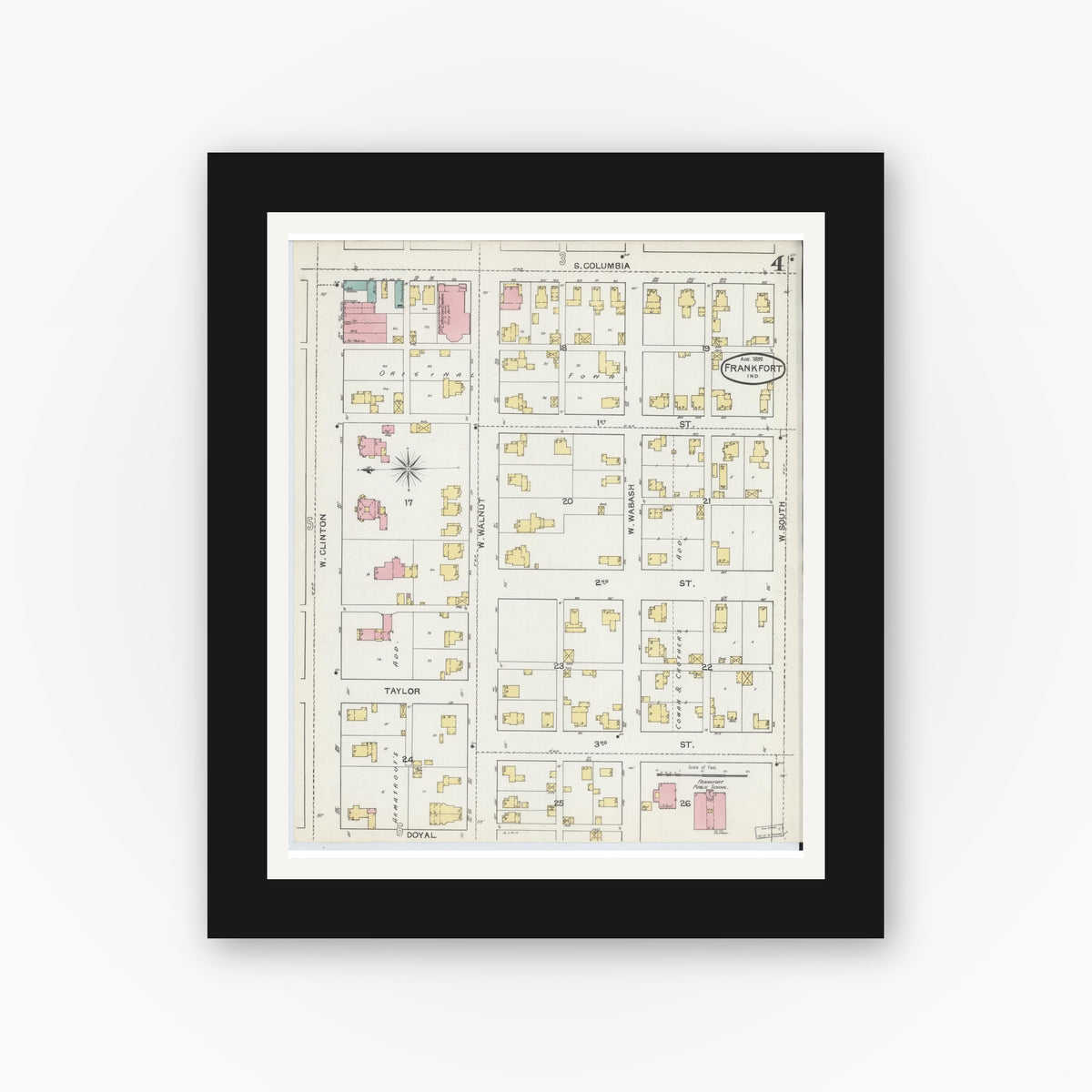 Old map wall art mockup — black gallery frame with white mat — Sanborn Fire Insurance Map from Frankfort, Clinton County, Indiana (1892), Sheet #0004