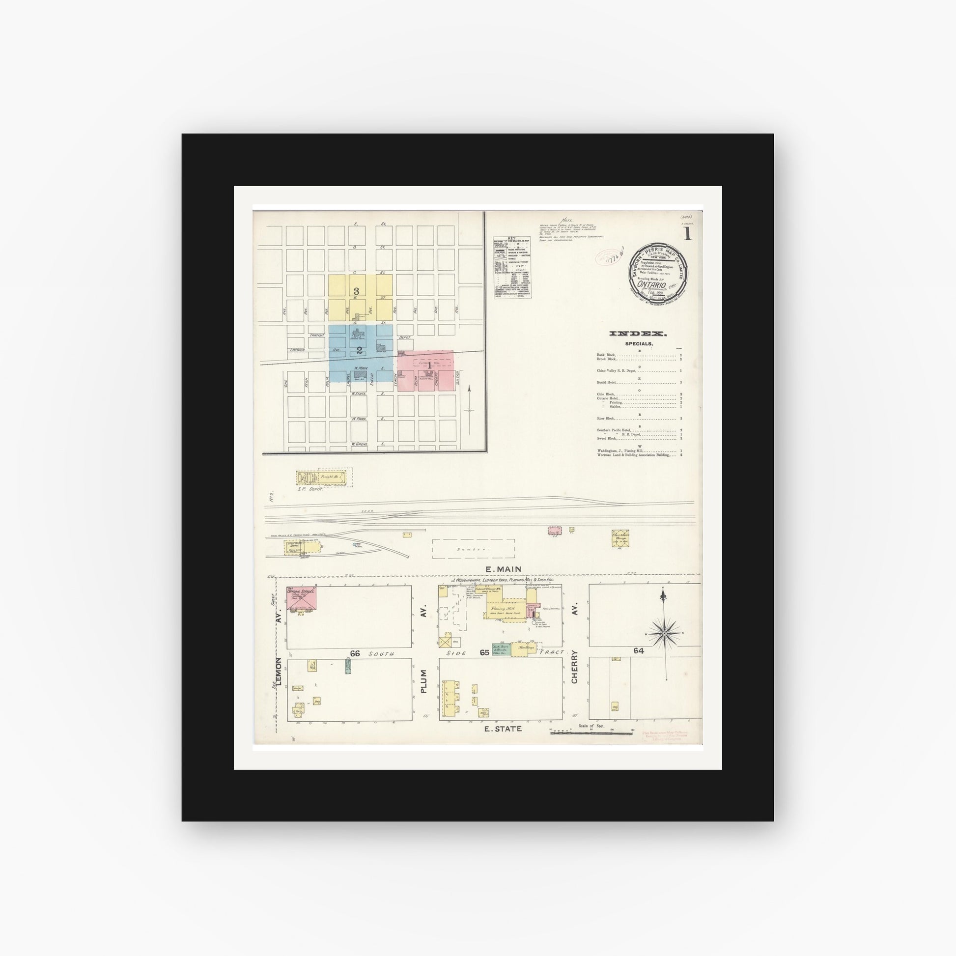 Old map wall art mockup — black gallery frame with white mat — Sanborn Fire Insurance Map from Ontario, San Bernardino County, California (1891), Sheet #0001