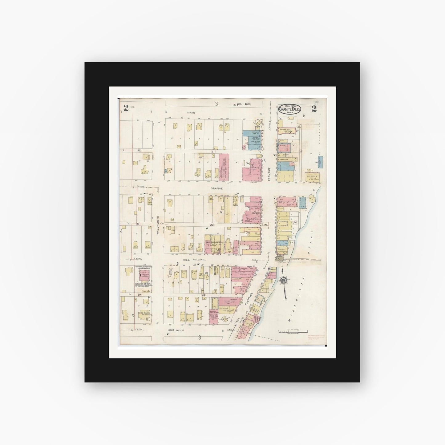 Old map wall art mockup — black gallery frame with white mat — Sanborn Fire Insurance Map from Granite Falls, Yellow Medicine And Chippewa Counties, Minnesota (1941), Sheet #0002