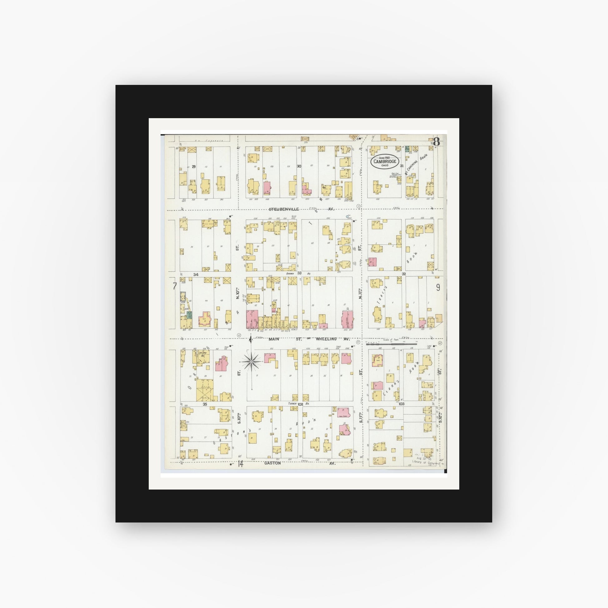 Old map wall art mockup — black gallery frame with white mat — Sanborn Fire Insurance Map from Cambridge, Guernsey County, Ohio (1901), Sheet #0008