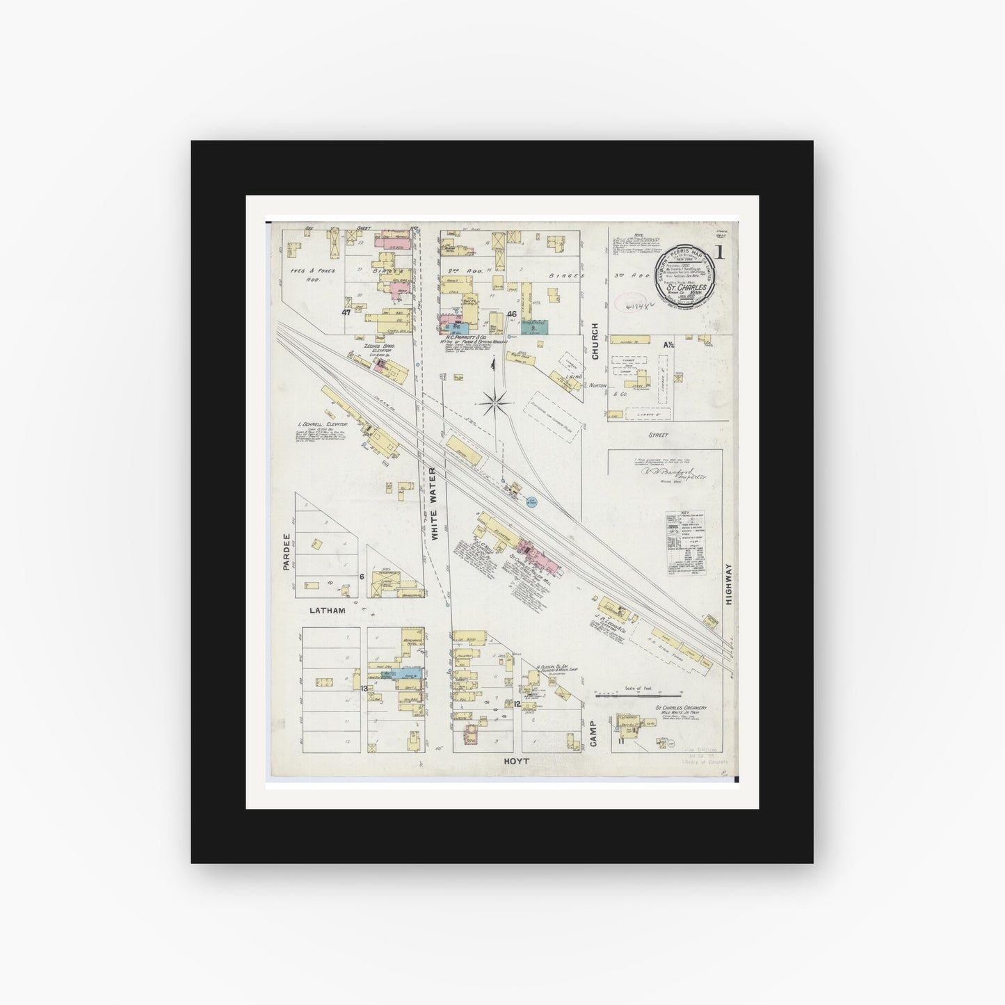 Old map wall art mockup — black gallery frame with white mat — Sanborn Fire Insurance Map from Saint Charles, Winona County, Minnesota (1892) - Complete Map Set