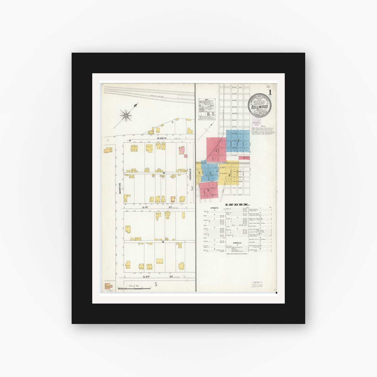 Old map wall art mockup — black gallery frame with white mat — Sanborn Fire Insurance Map from Bellwood, Blair County, Pennsylvania (1904) - Complete Map Set