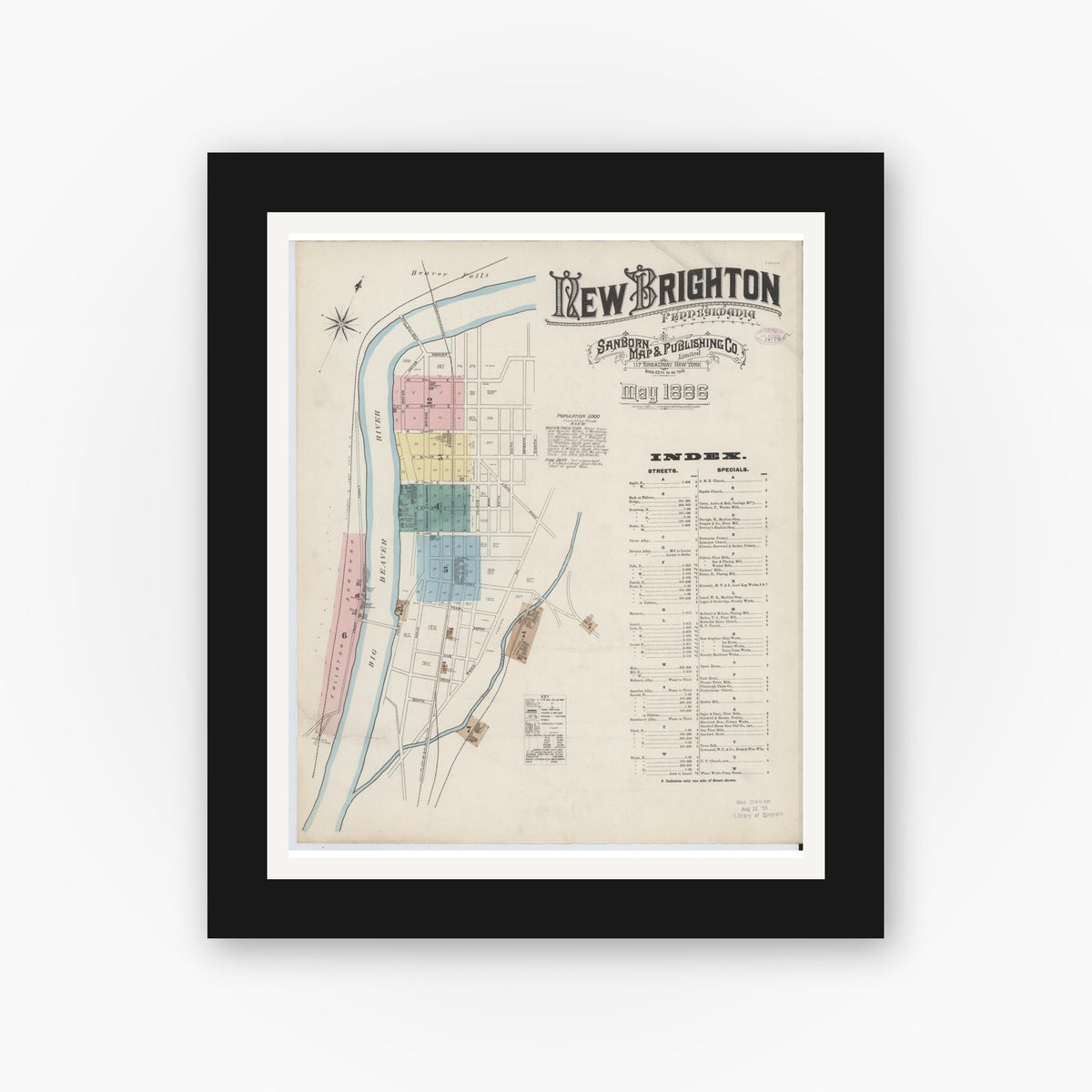 Old map wall art mockup — black gallery frame with white mat — Sanborn Fire Insurance Map from New Brighton, Beaver County, Pennsylvania (1886), Sheet #0001