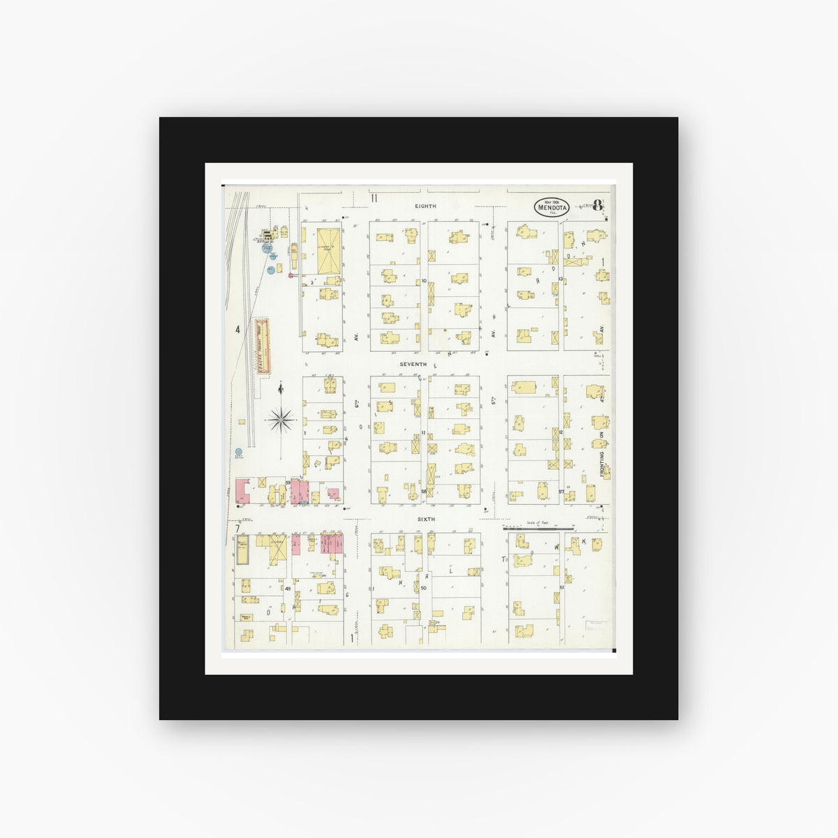 Old map wall art mockup — black gallery frame with white mat — Sanborn Fire Insurance Map from Mendota, La Salle County, Illinois (1909), Sheet #0008
