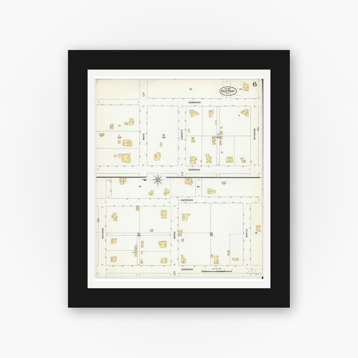 Old map wall art mockup — black gallery frame with white mat — Sanborn Fire Insurance Map from Pilot Point, Denton County, Texas (1907), Sheet #0006