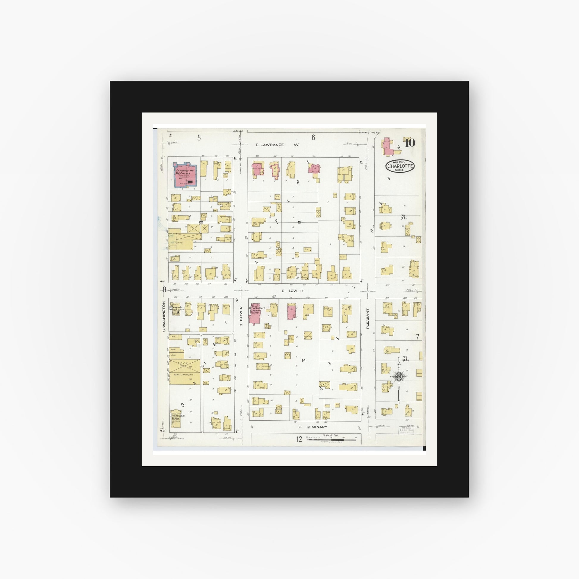 Old map wall art mockup — black gallery frame with white mat — Sanborn Fire Insurance Map from Charlotte, Eaton County, Michigan (1918), Sheet #0010
