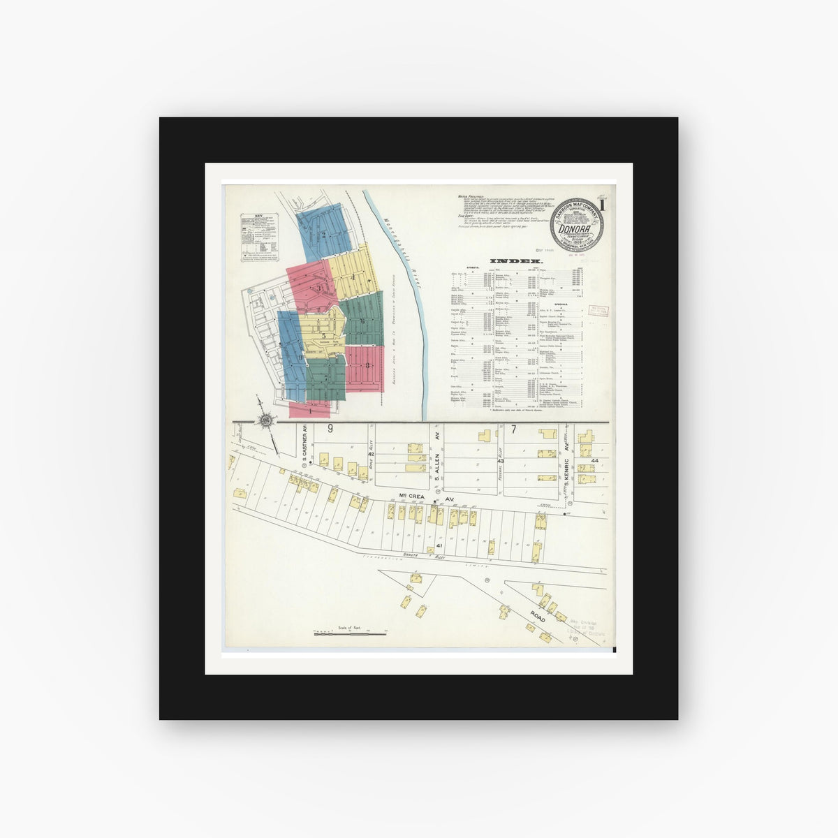 Old map wall art mockup — black gallery frame with white mat — Sanborn Fire Insurance Map from Donora, Washington County, Pennsylvania (1909), Sheet #0001