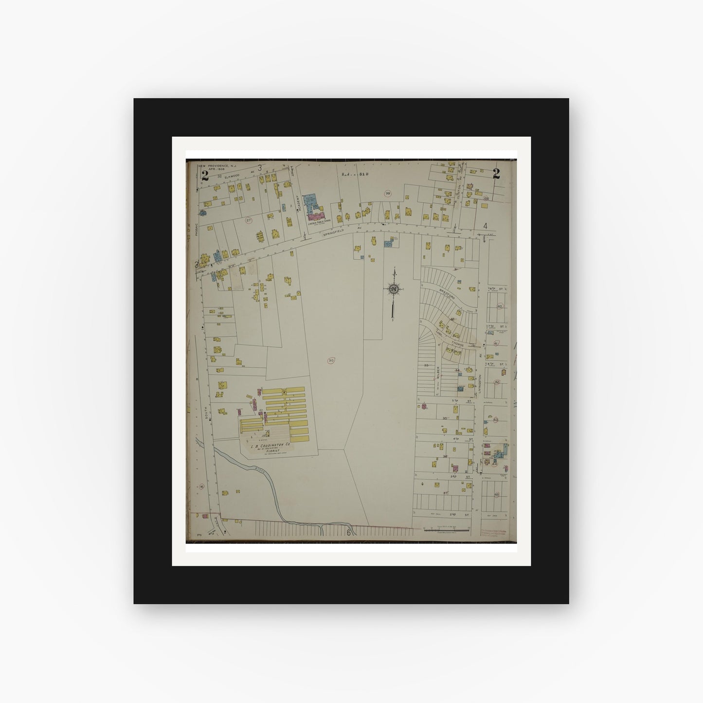 Old map wall art mockup — black gallery frame with white mat — Sanborn Fire Insurance Map from New Providence, Union County, New Jersey (1944), Sheet #0002