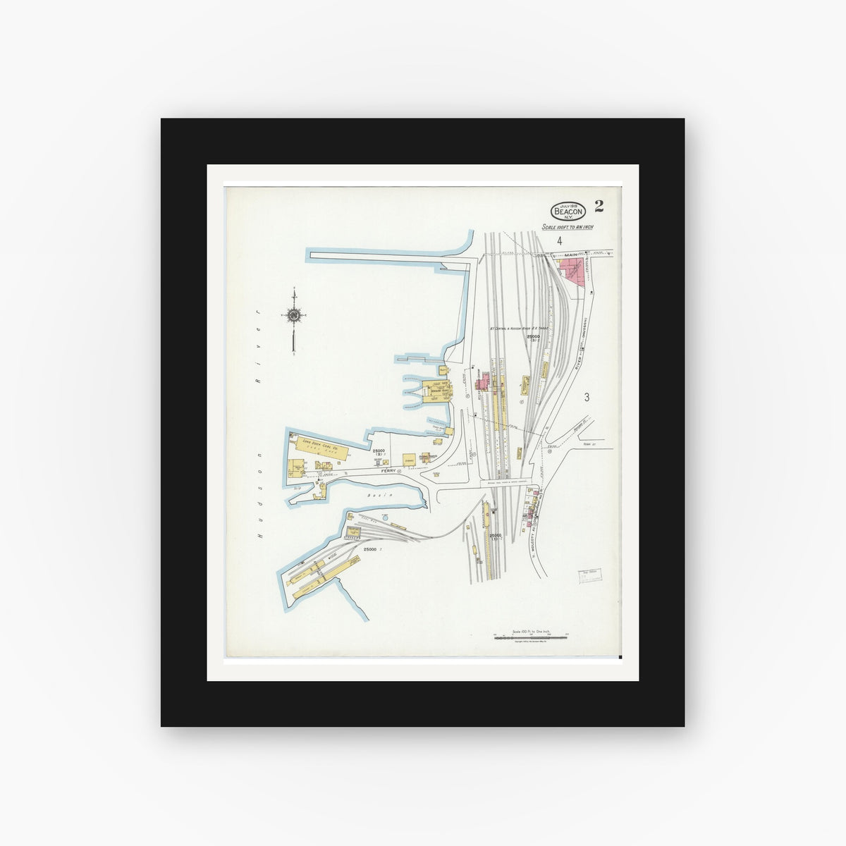 Old map wall art mockup — black gallery frame with white mat — Sanborn Fire Insurance Map from Beacon, Dutchess County, New York (1919) - Complete Map Set