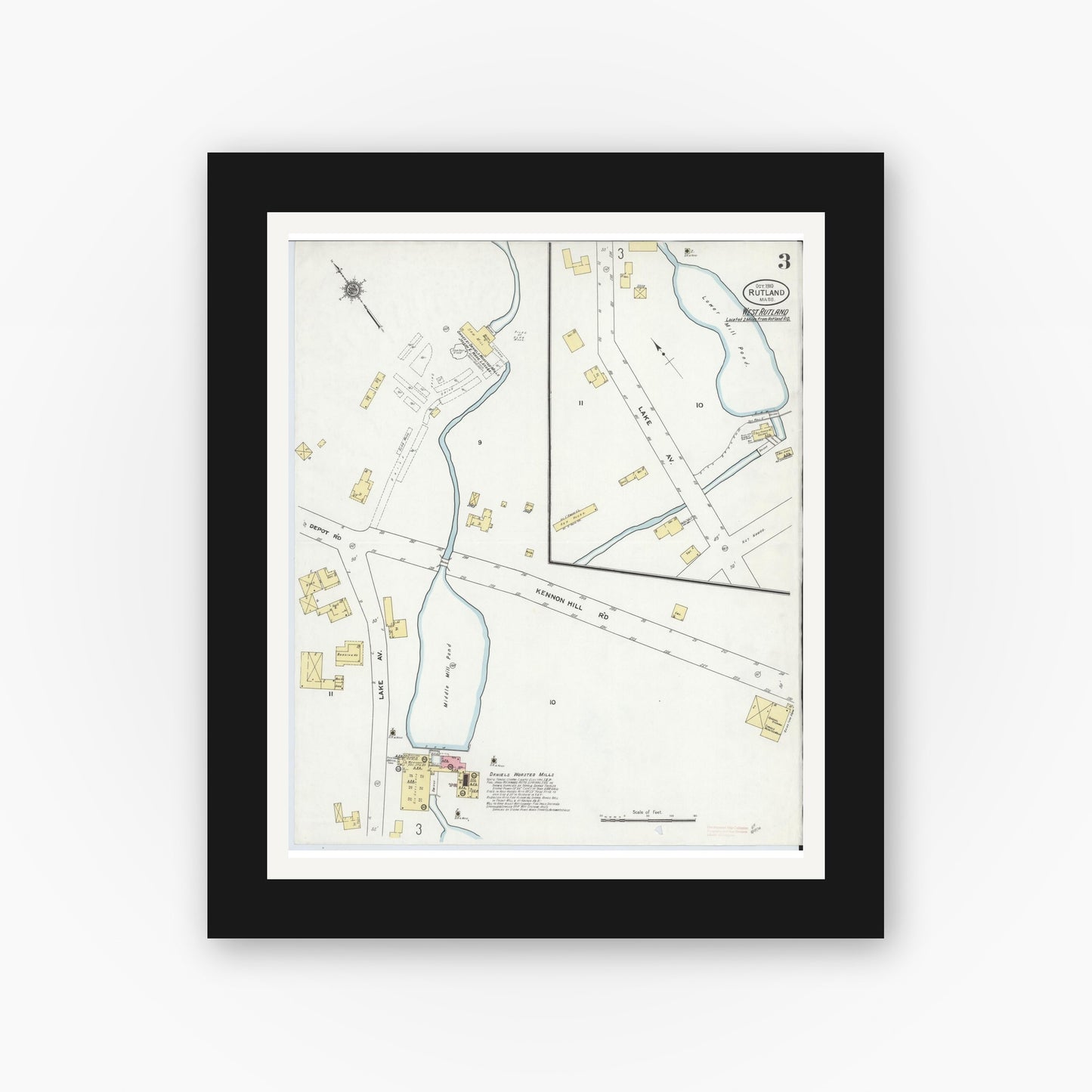 Old map wall art mockup — black gallery frame with white mat — Sanborn Fire Insurance Map from Rutland, Worcester County, Massachusetts (1910), Sheet #0003