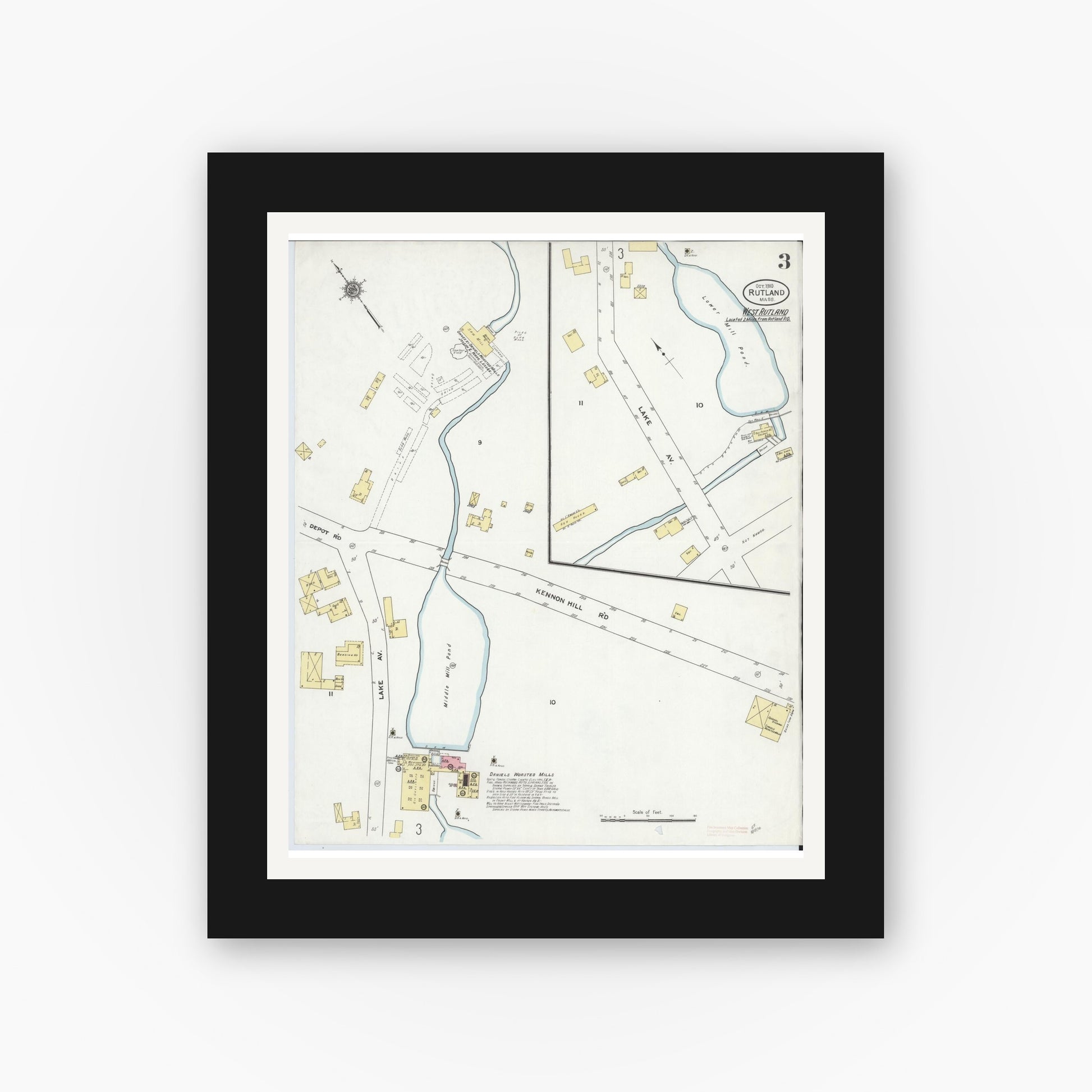 Old map wall art mockup — black gallery frame with white mat — Sanborn Fire Insurance Map from Rutland, Worcester County, Massachusetts (1910), Sheet #0003