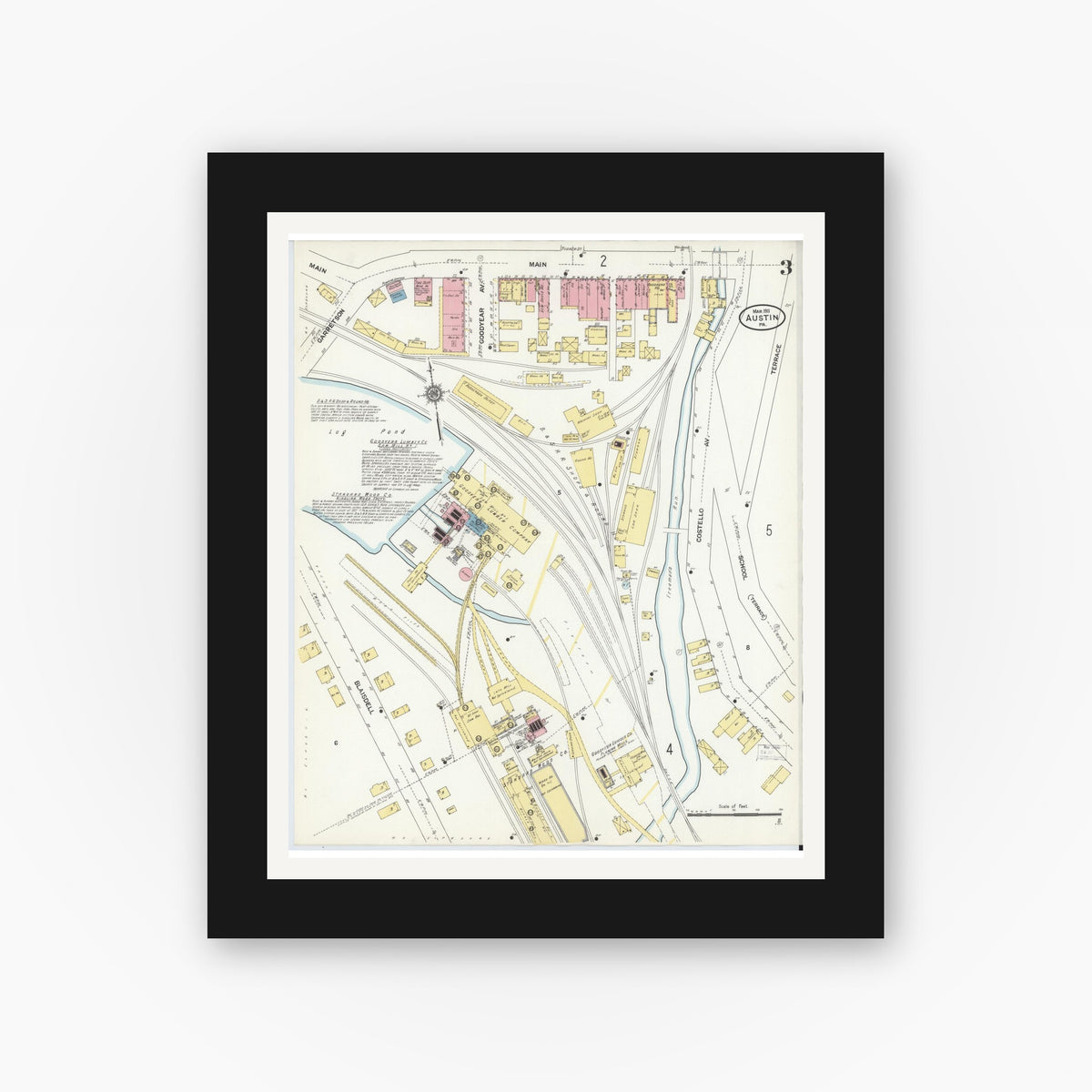 Old map wall art mockup — black gallery frame with white mat — Sanborn Fire Insurance Map from Austin, Potter County, Pennsylvania (1911), Sheet #0003