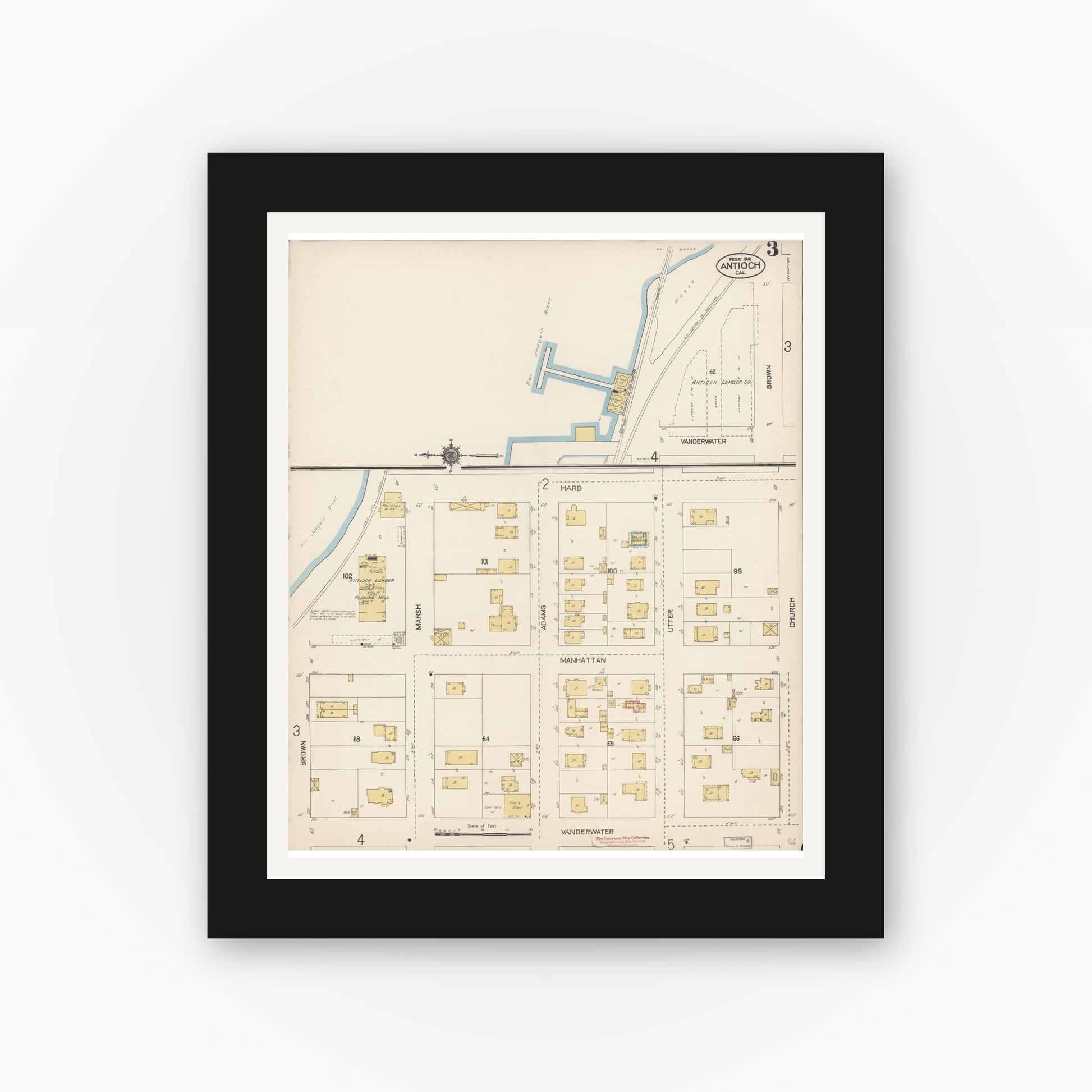 Old map wall art mockup — black gallery frame with white mat — Sanborn Fire Insurance Map from Antioch, Contra Costa County, California (1912), Sheet #0003