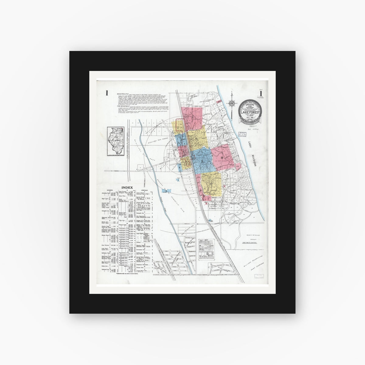 Old map wall art mockup — black gallery frame with white mat — Sanborn Fire Insurance Map from Lake Forest, Lake County, Illinois (1926), Sheet #0001