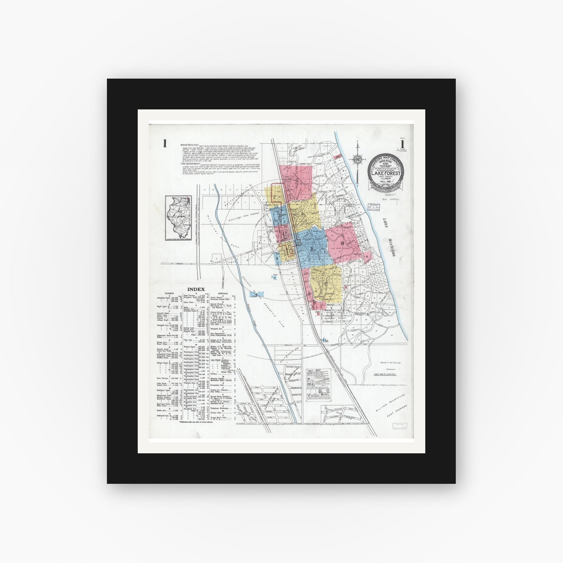 Old map wall art mockup — black gallery frame with white mat — Sanborn Fire Insurance Map from Lake Forest, Lake County, Illinois (1926), Sheet #0001