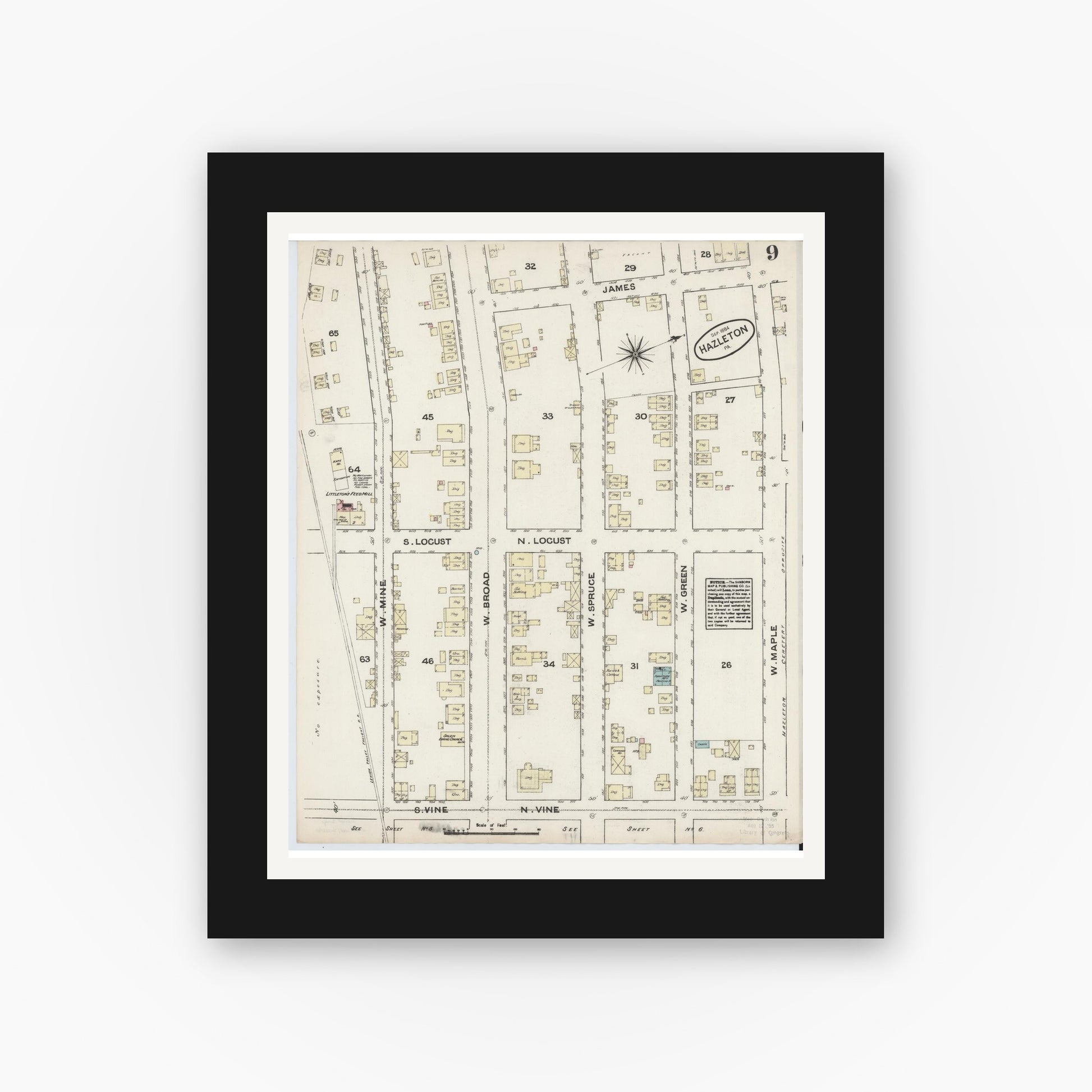 Old map wall art mockup — black gallery frame with white mat — Sanborn Fire Insurance Map from Hazleton, Luzerne County, Pennsylvania (1884), Sheet #0009