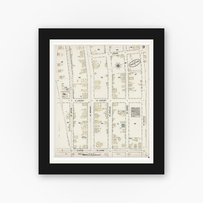 Old map wall art mockup — black gallery frame with white mat — Sanborn Fire Insurance Map from Hazleton, Luzerne County, Pennsylvania (1884), Sheet #0009