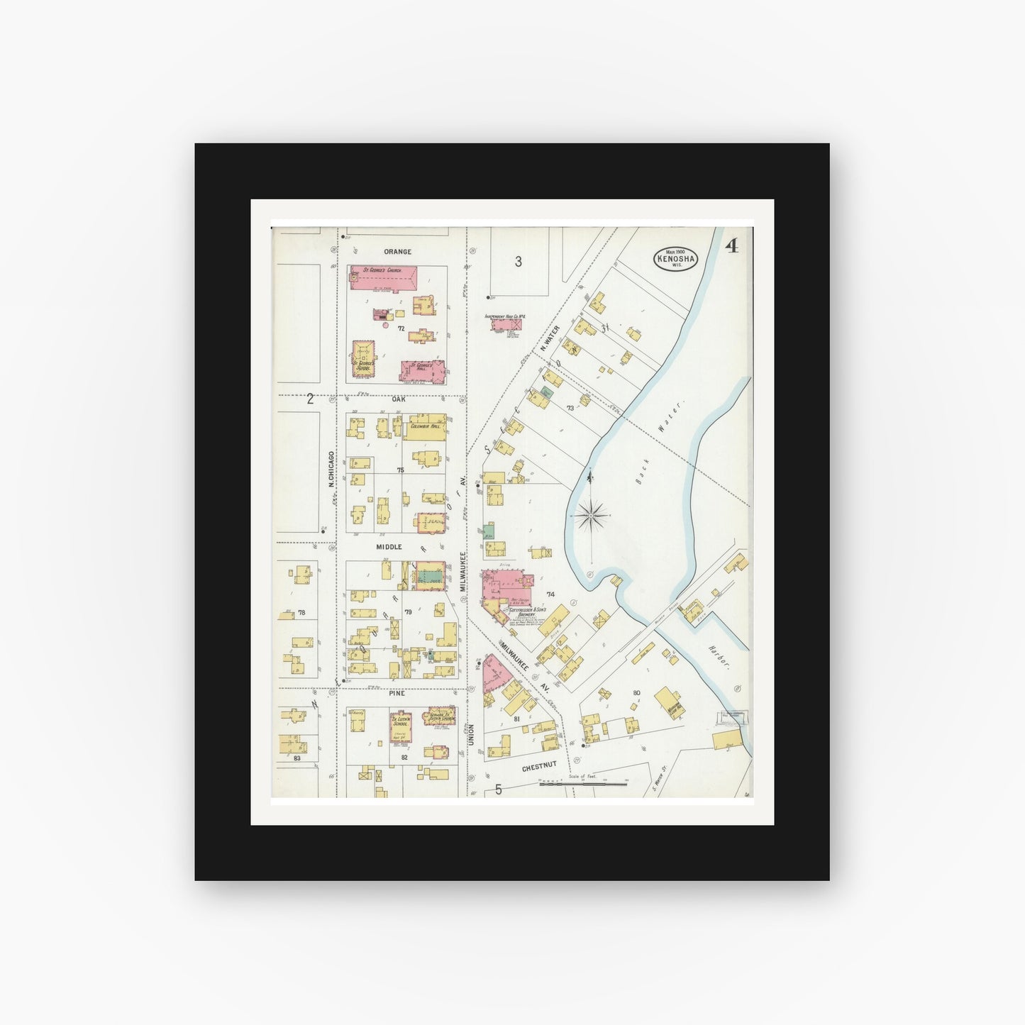 Old map wall art mockup — black gallery frame with white mat — Sanborn Fire Insurance Map from Kenosha, Kenosha County, Wisconsin (1900), Sheet #0004