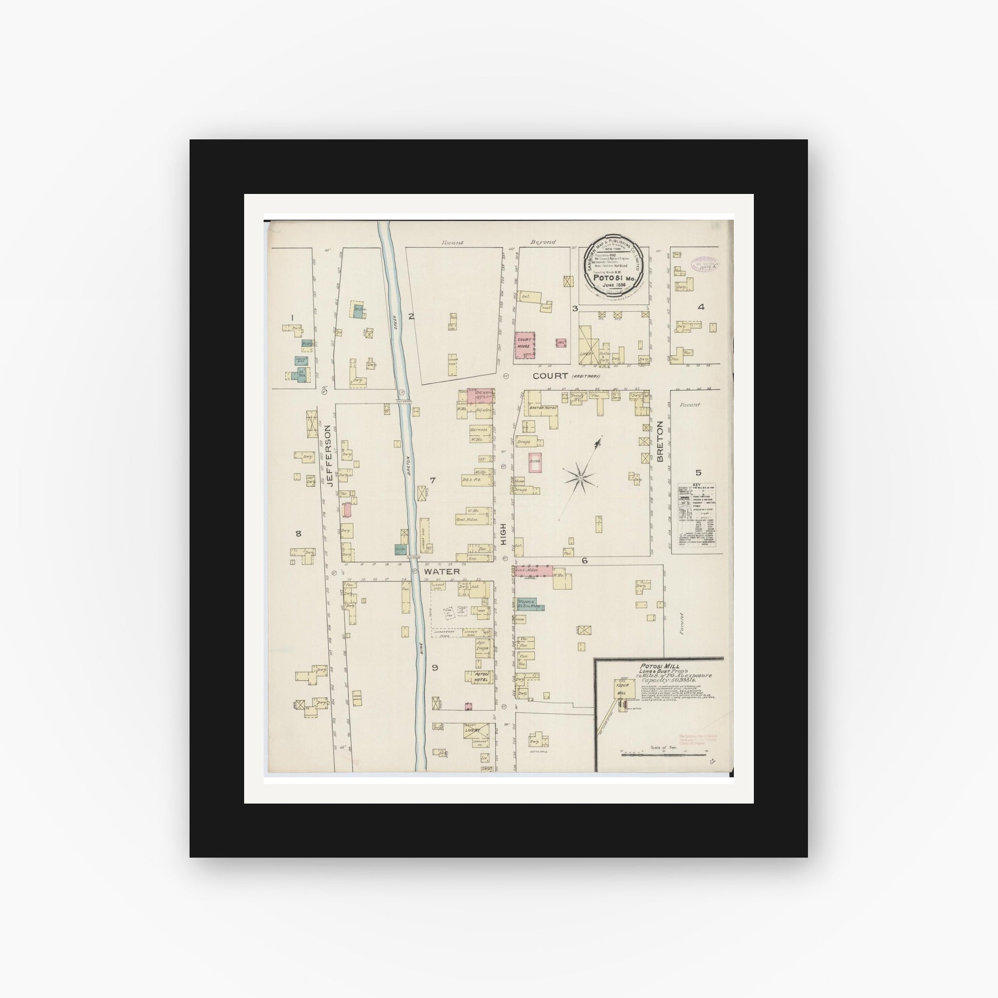 Old map wall art mockup — black gallery frame with white mat — Sanborn Fire Insurance Map from Potosi, Washington County, Missouri (1886), Sheet #0001