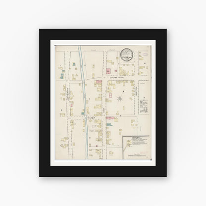 Old map wall art mockup — black gallery frame with white mat — Sanborn Fire Insurance Map from Potosi, Washington County, Missouri (1886), Sheet #0001